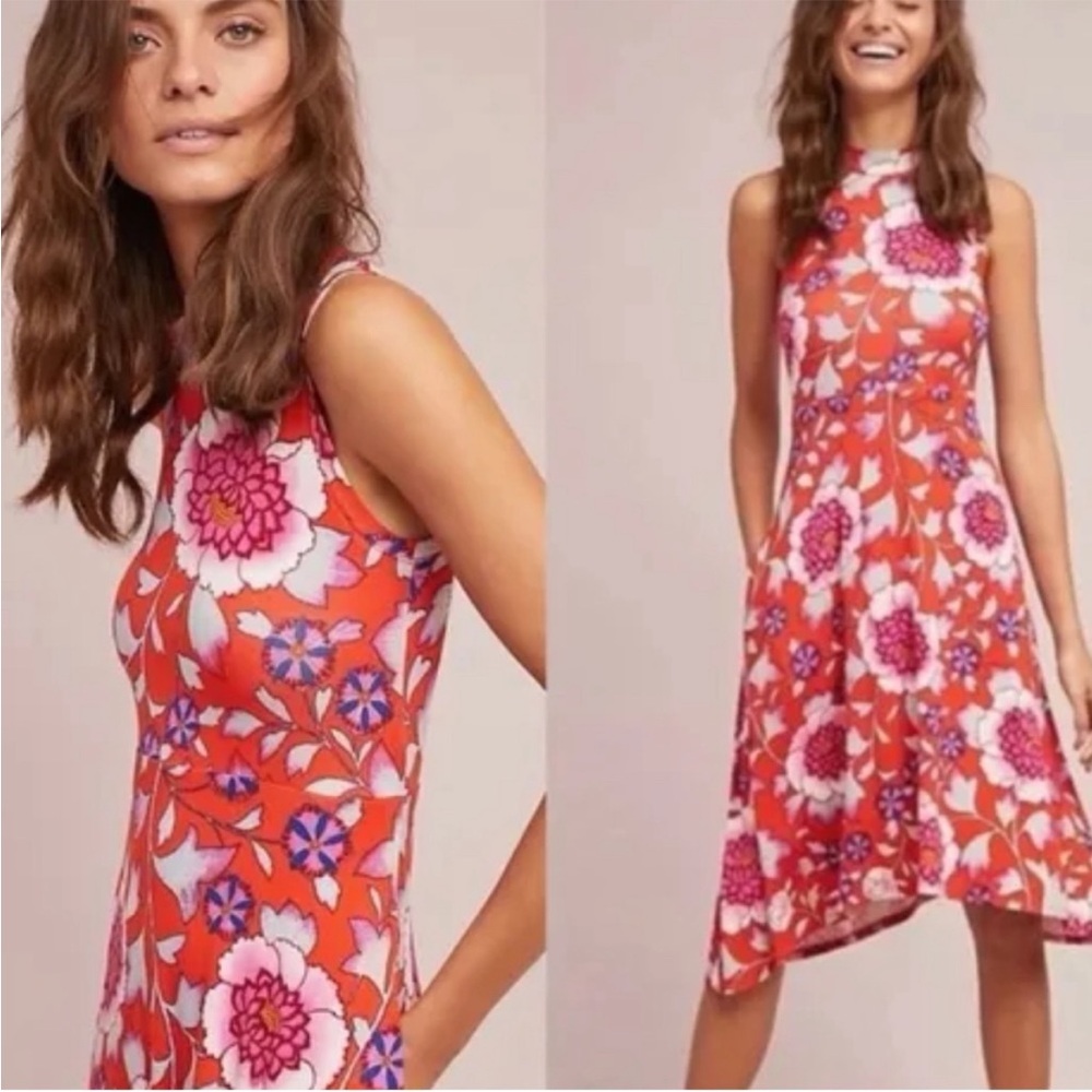 Anthropologie Maeve Cleary Red‎ Floral Asymmetrical Midi Dress